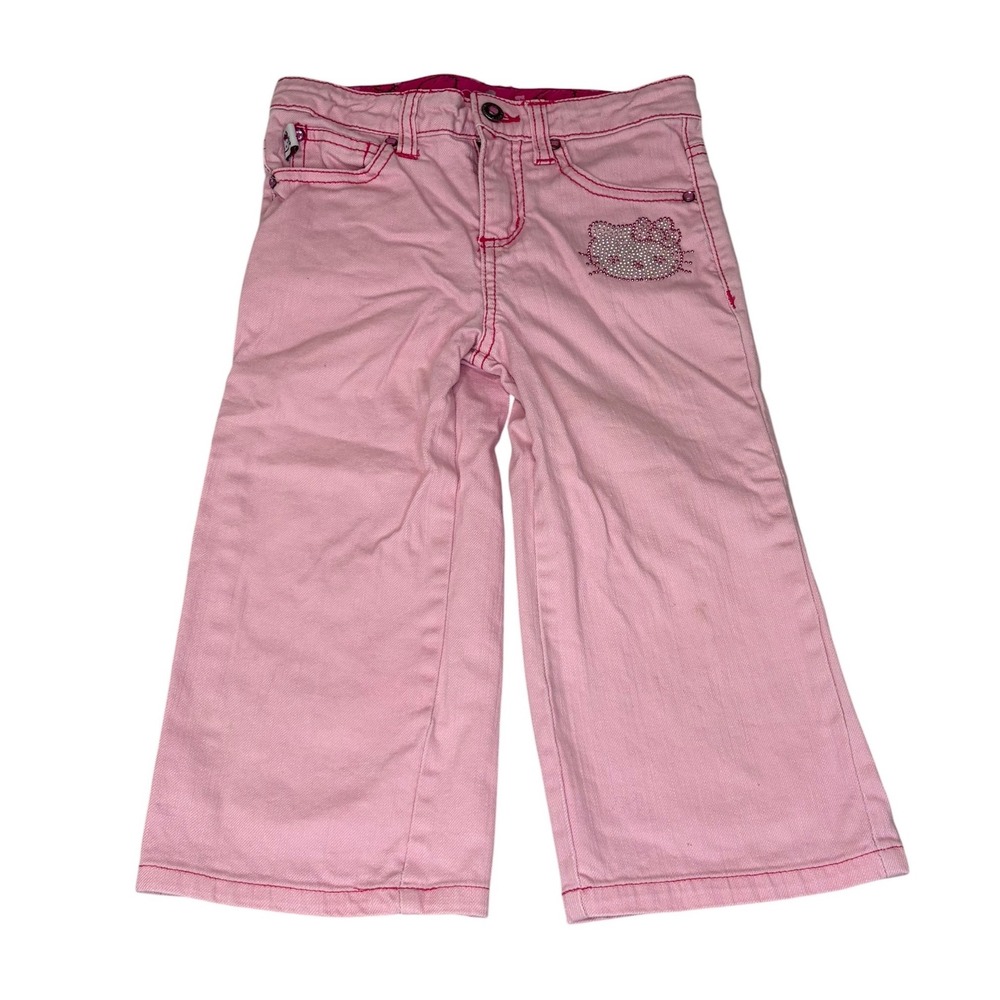 Hello Kitty Sanrio Pink Denim Rhinestone Wide Leg Jeans Size 6 Girls 2009 Y2K